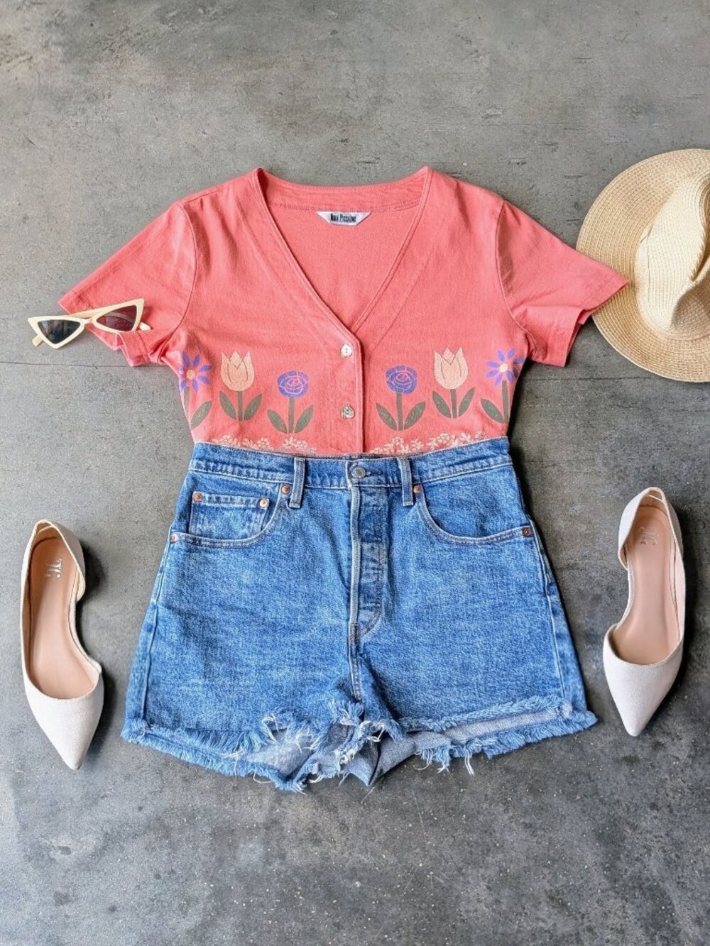 Vintage Coastal Grandma Orange Floral Tulip Short Sleeve Top